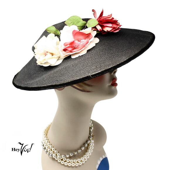 Vintage 1940s Black Wide Brim Platter Tilt Hat Floral Statement Style - Hey Viv main image 7